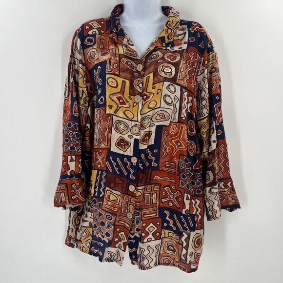 Ali Miles Women's XL Button Down Shirt Rust Navy Mosaic Wearable Art Lagenlook - Picture 10 of 10